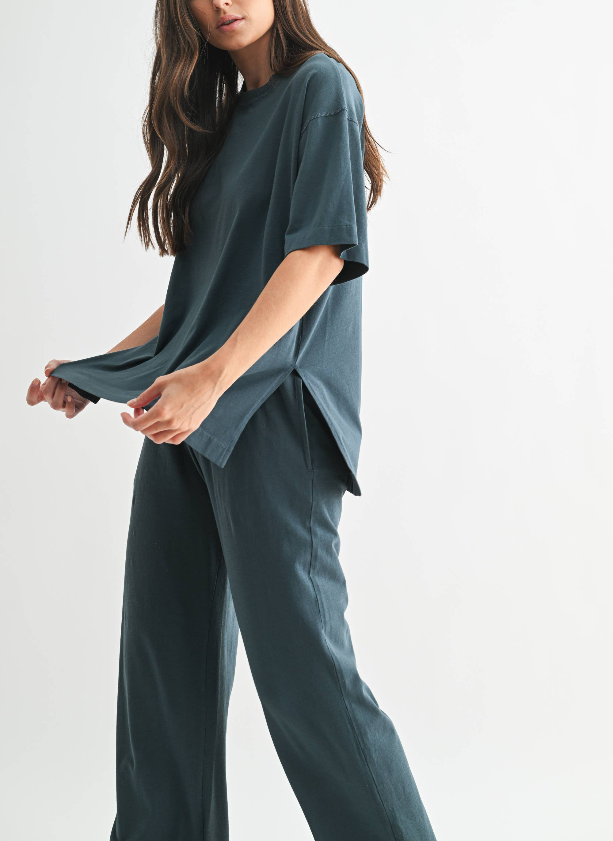 Coastal Drift Pima Cotton Pant Set in Slate Teal — oversized for ultimate comfort