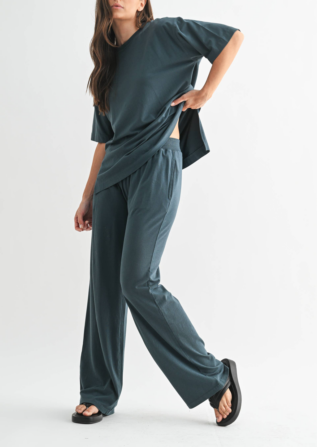 Coastal Drift Pima Cotton Pant Set in Slate Teal — oversized for ultimate comfort