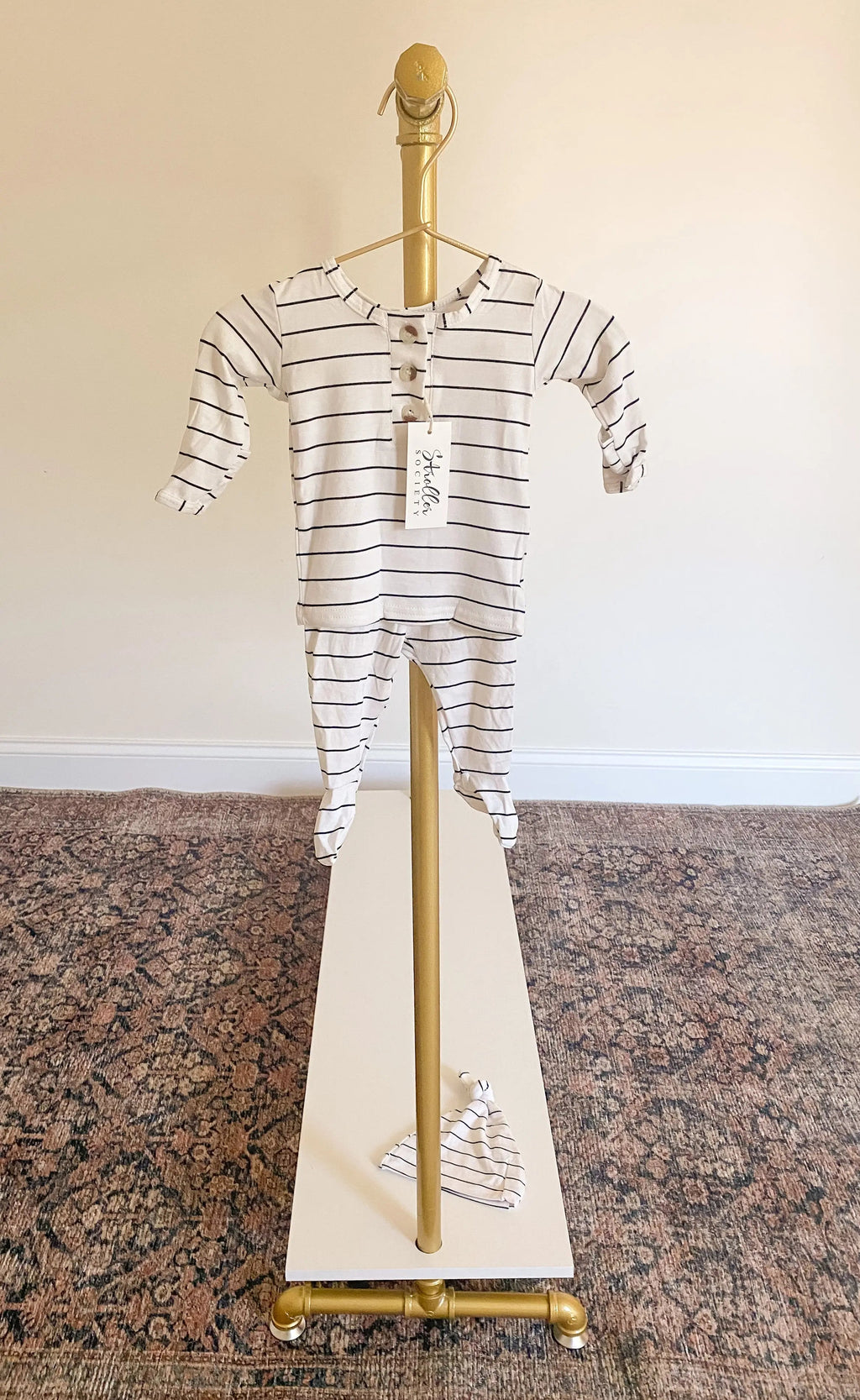 Top and Bottom Outfit and Hat Set (Newborn-12 months sizes) Black Stripes